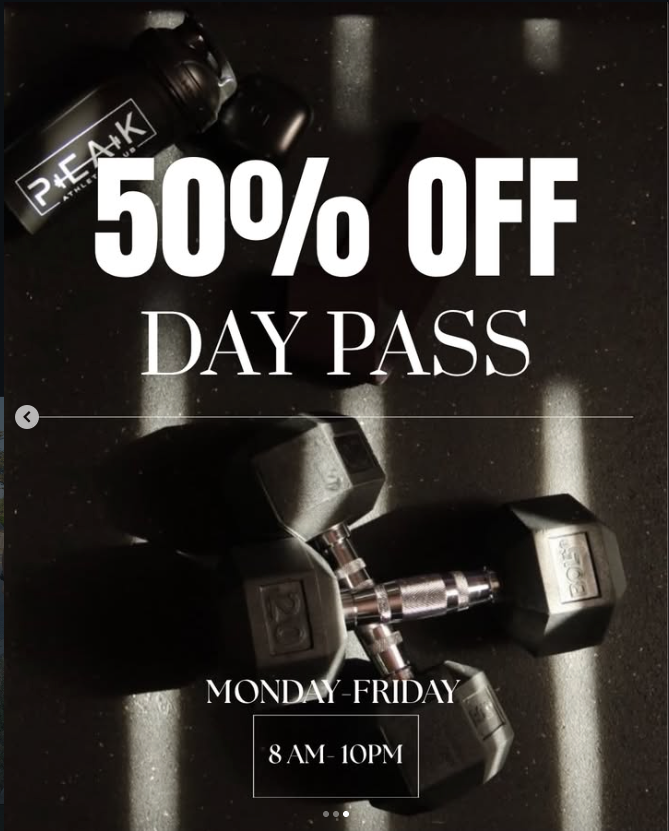 50% off day pass, available Monday through Friday 8 AM to 10 PM